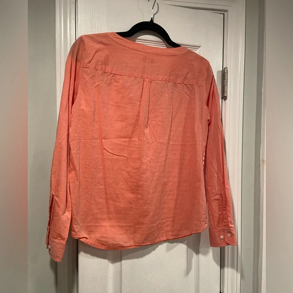 L.L. Bean Coral White Stripe Roll Tab Sleeve Split Neck Pullover Top Size XS - Picture 6 of 9